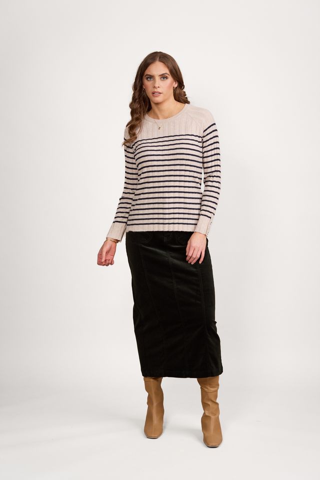 Round Neck Ribbed Knit Jumper with Dome Cuff Detail