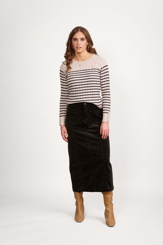 Round Neck Ribbed Knit Jumper with Dome Cuff Detail