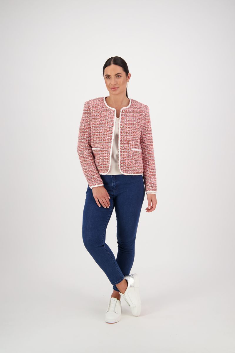 Short Collarless Lined Jacket with Trim Detail