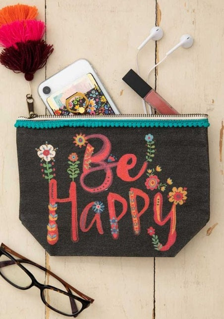 Cosmetic Pouch Canvas- Be Happy Black